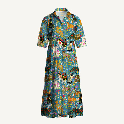V Neck Collared Colorful Garden Cat Midi Dress For Women With Pockets