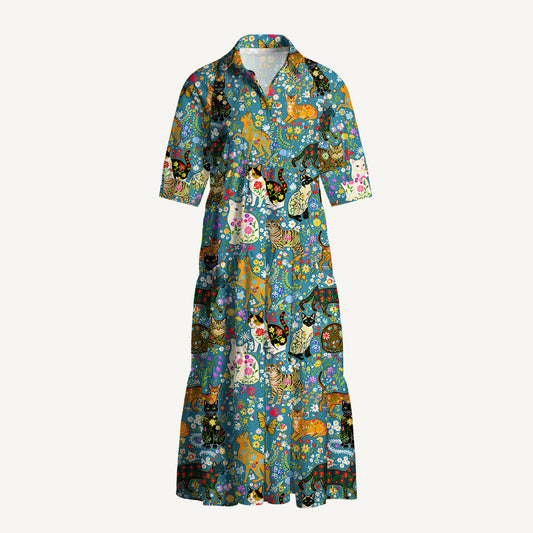 V Neck Collared Colorful Garden Cat Midi Dress For Women With Pockets