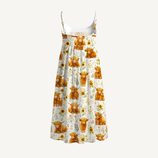 Spring Highland Cow Floral Print Spaghetti Strap Mini Dress