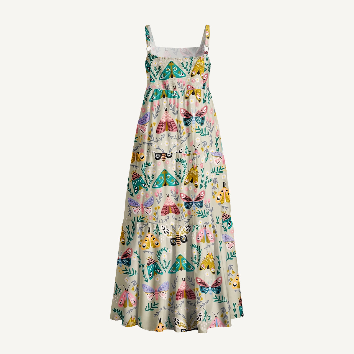Spring Butterflies Print Wide Straps Maxi Dress With Pockets