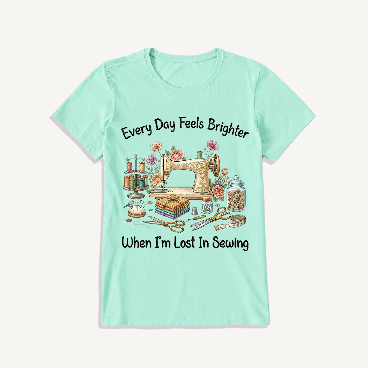 Lost in Sewing Joy Print Crew Neck Cotton Tee