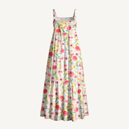 Pastel Watercolor Garden Floral Pattern Print Wide Straps Maxi Dress With Pockets