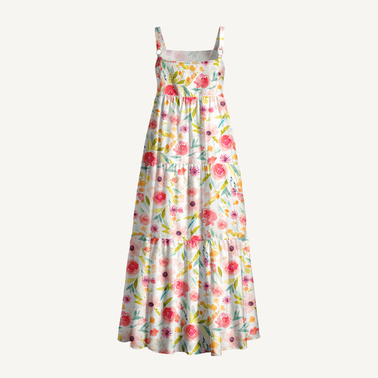 Pastel Watercolor Garden Floral Pattern Print Wide Straps Maxi Dress With Pockets