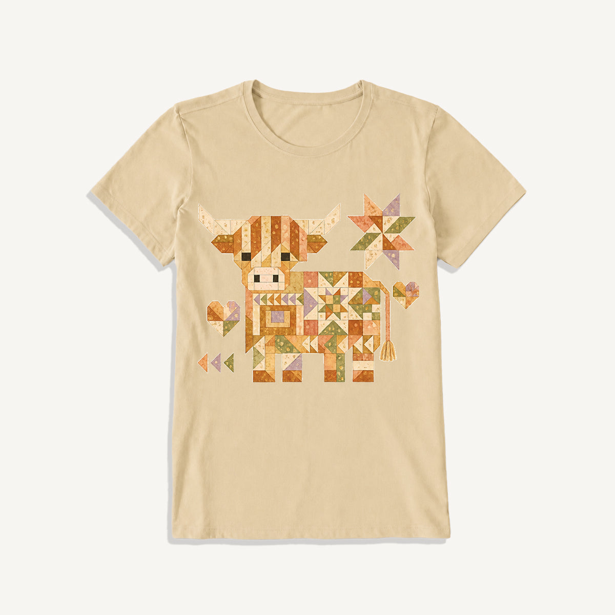 Highland Cow Quilt Art Print Crew Neck Cotton Tee
