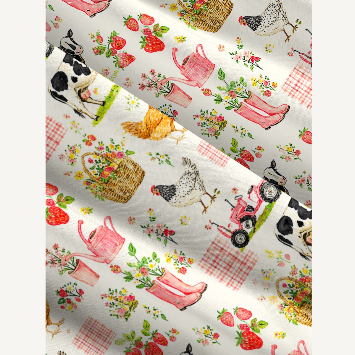 Watercolor Pink Farm Chicken Cow Print Wide Straps Maxi Dress With Pockets