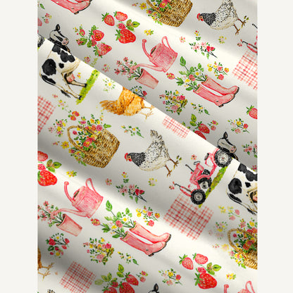Watercolor Pink Farm Chicken Cow Print Wide Straps Maxi Dress With Pockets