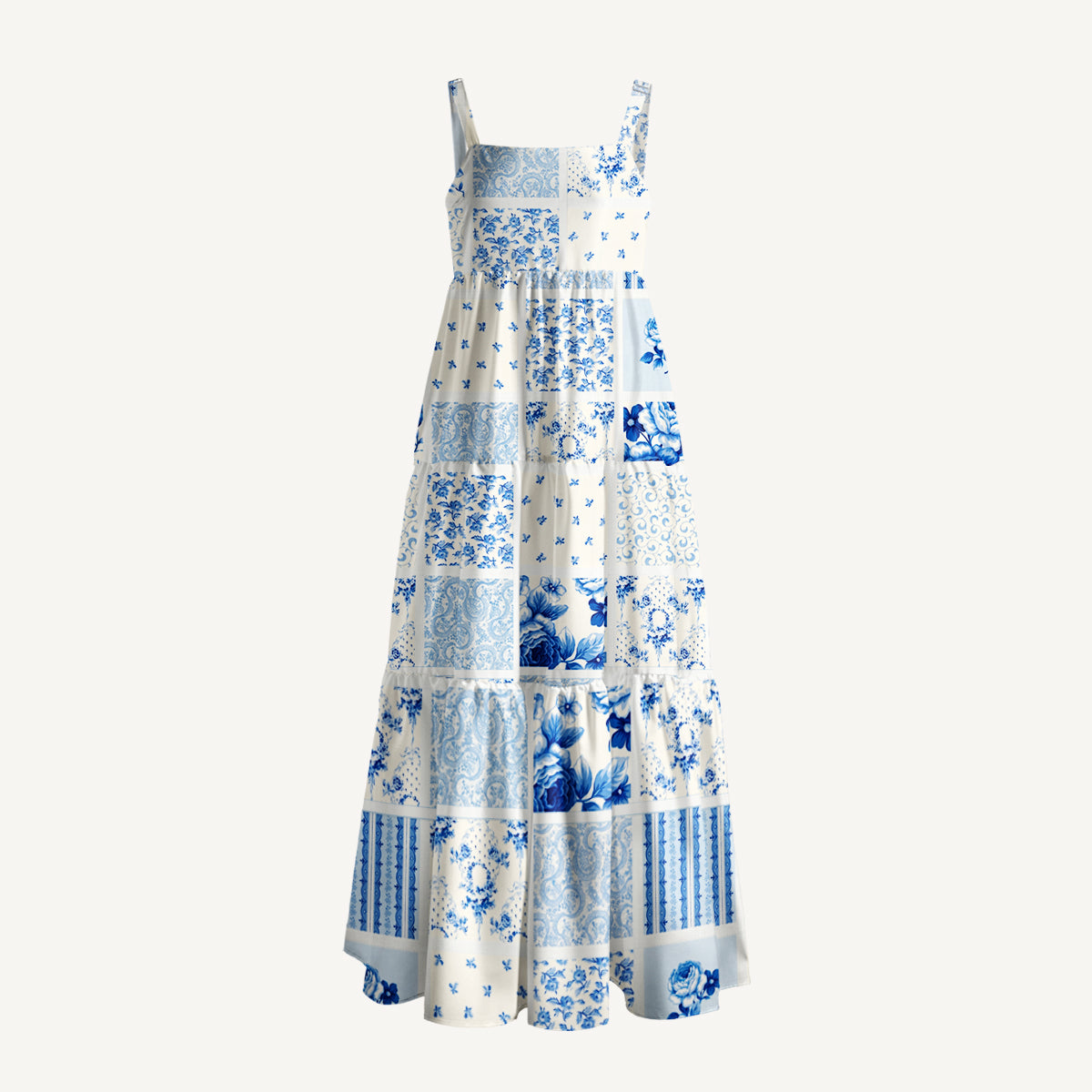 Delft Blue Floral Print Wide Straps Maxi Dress With Pockets