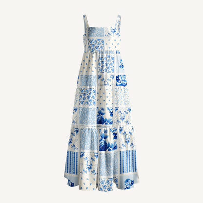 Delft Blue Floral Print Wide Straps Maxi Dress With Pockets