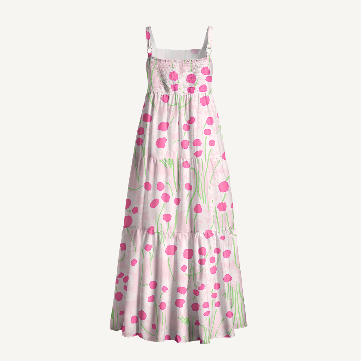Square Neck Pink Daisy Print Wide Straps Maxi Dress With Pockets