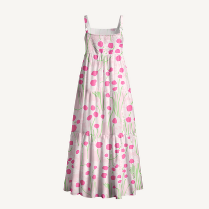 Square Neck Pink Daisy Print Wide Straps Maxi Dress With Pockets