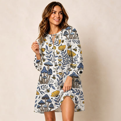Bee Whisper Forest Print Boho Tie‑Neck Smock Mini Dress
