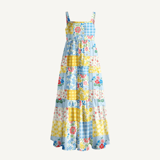 Blue Flower Print Patchwork Wide Straps Maxi Dress With Pockets
