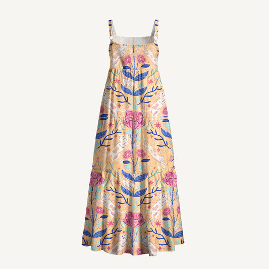 Cat in Secret Garden Print Wide Straps Maxi Dress With Pockets