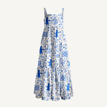Whimsical Delft Cats Print Wide Straps Maxi Dress With Pockets