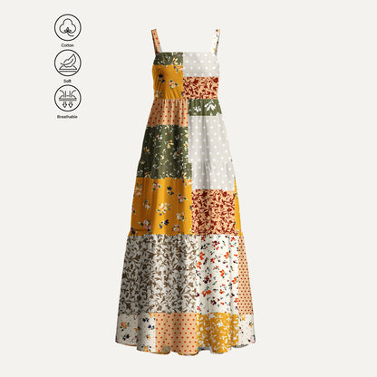 Rustic Floral Patchwork Print Cotton Wide Straps Maxi Dress With Pockets