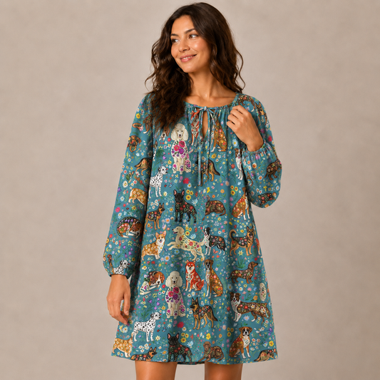 Cute Flower Dog Print Boho Tie‑Neck Smock Mini Dress