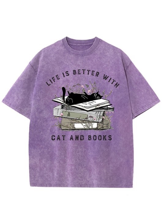 Vintage Floral Cat Books Washed T-Shirt