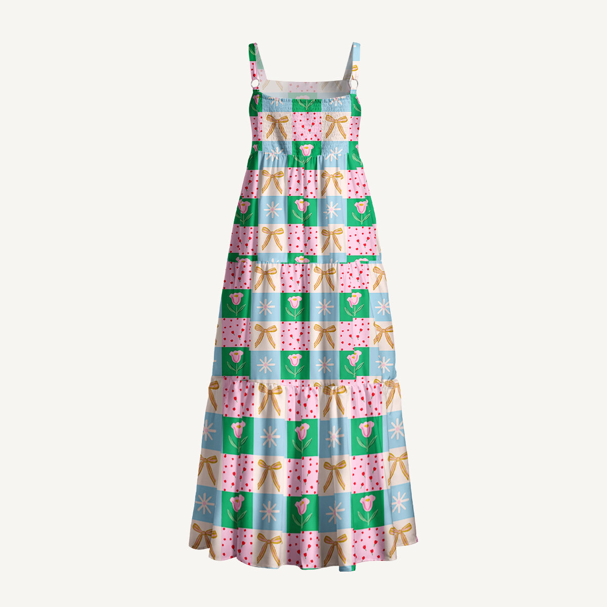 Tulip Ribbon Patchwork Wide Straps Maxi Dress With Pockets