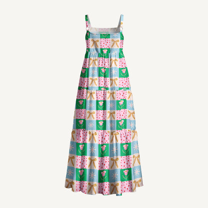 Tulip Ribbon Patchwork Wide Straps Maxi Dress With Pockets