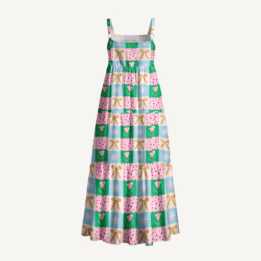 Tulip Ribbon Patchwork Wide Straps Maxi Dress With Pockets