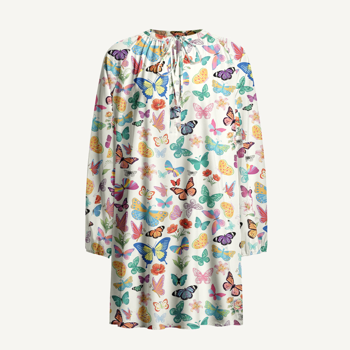 Rainbow Butterfly Garden Print Boho Tie‑Neck Smock Mini Dress