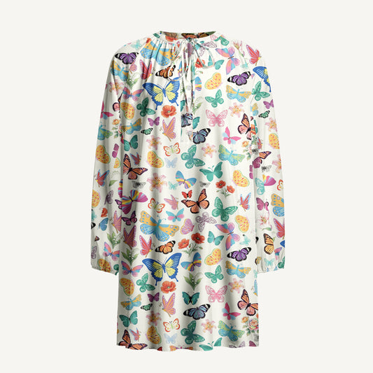 Rainbow Butterfly Garden Print Boho Tie‑Neck Smock Mini Dress