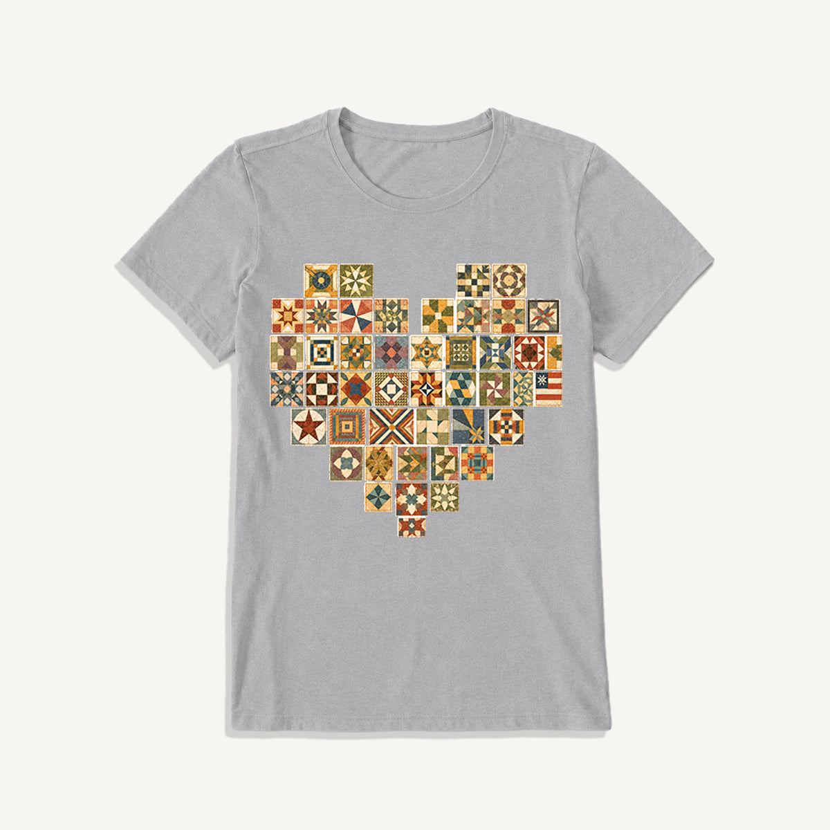 Vintage Quilt Block Heart Print Crew Neck Cotton Tee