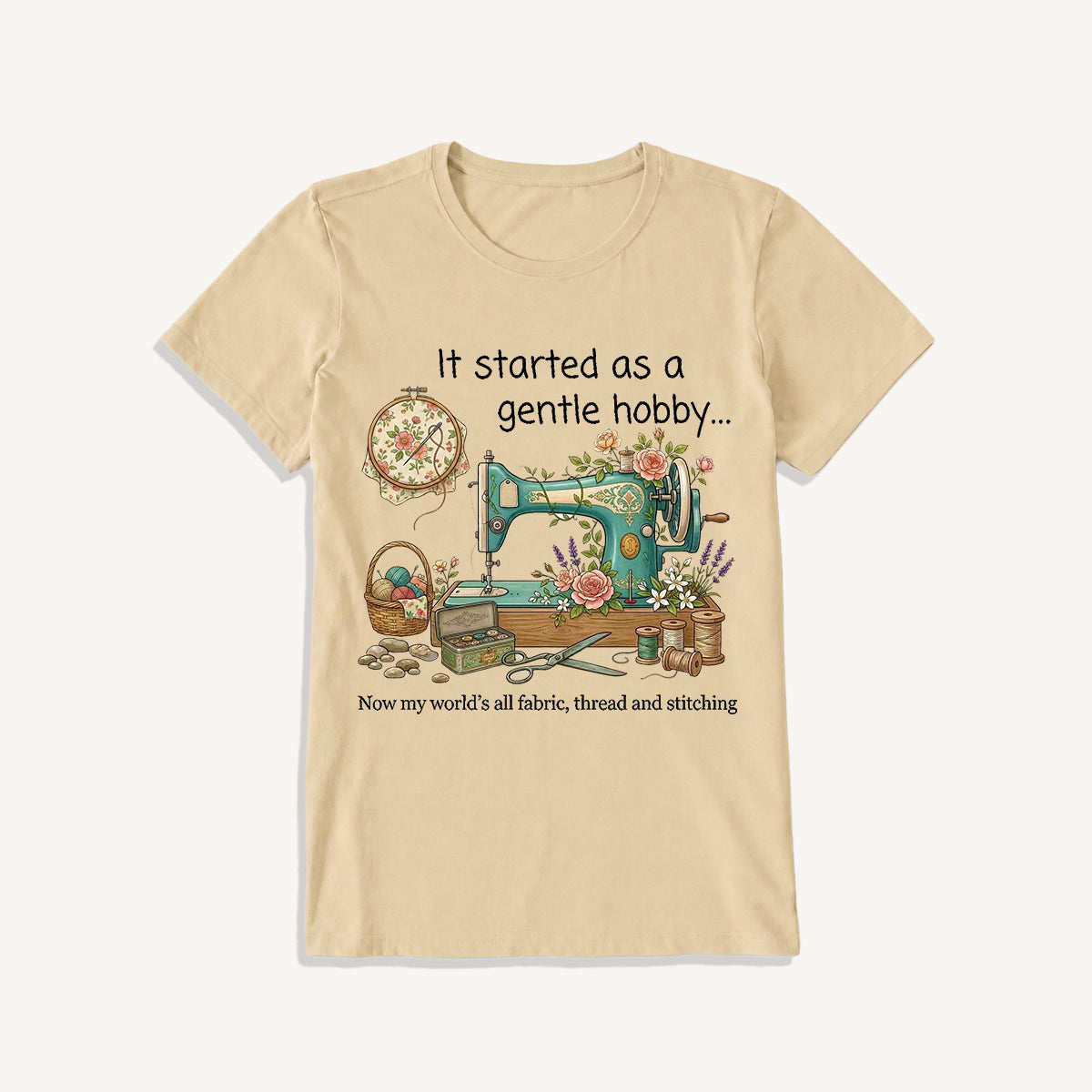 Gentle Hobby Floral Sewing Print Crew Neck Cotton Tee