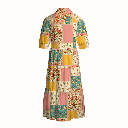 V Neck Collared Vintage Pink and Teal Floral Patchwork Print Casual Midi Dress With Pockets