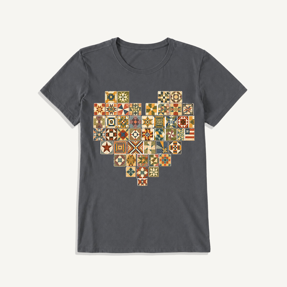 Vintage Quilt Block Heart Print Crew Neck Cotton Tee