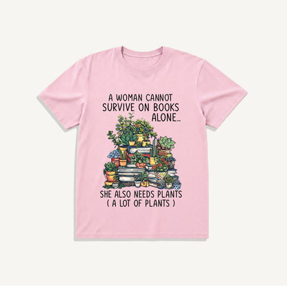 Books and Potted Plants Print Crew Neck Cotton Tee
