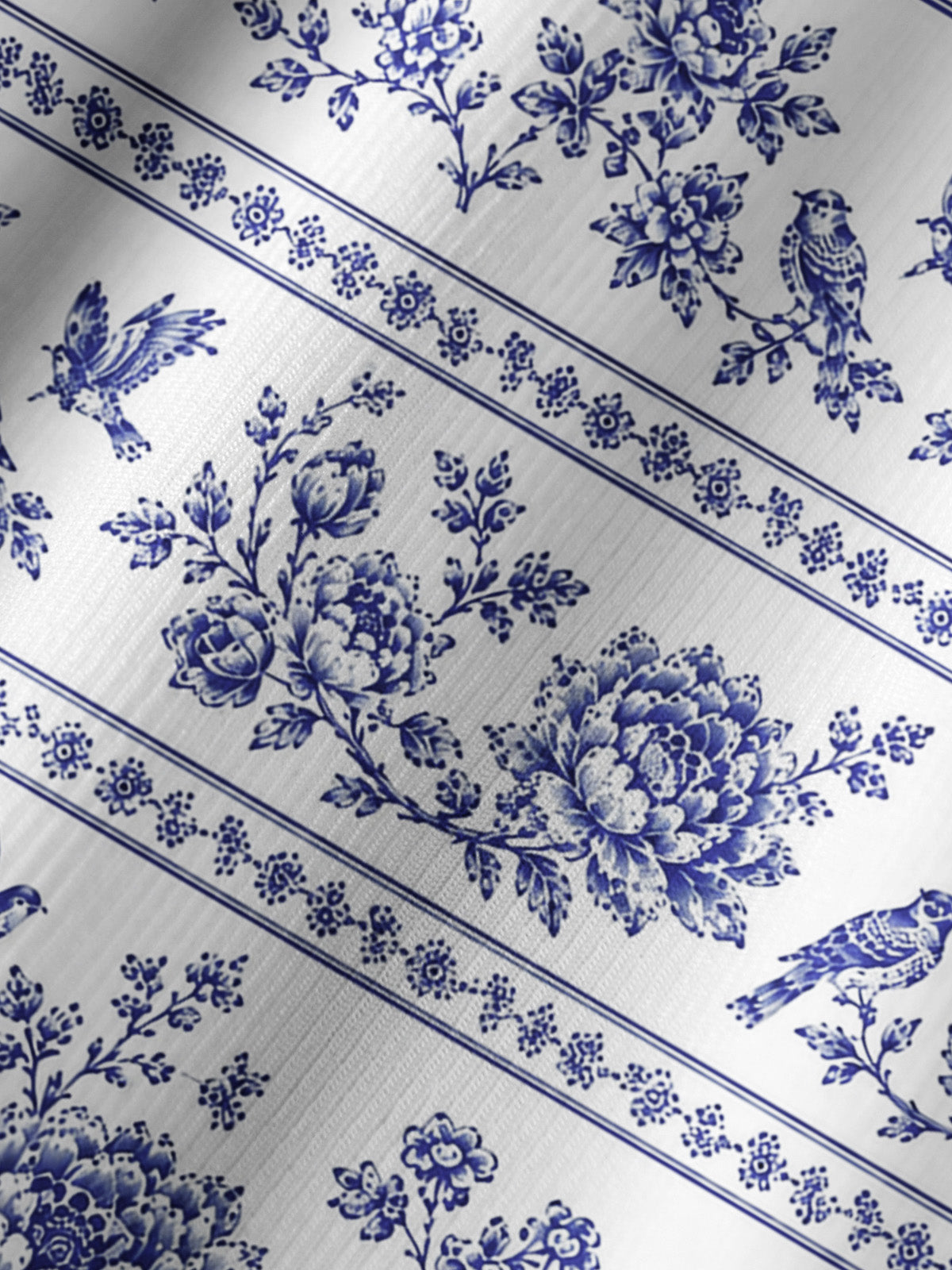 Bluebird Blossom Toile Print Boho Long Sleeve Tie‑Neck Blouse