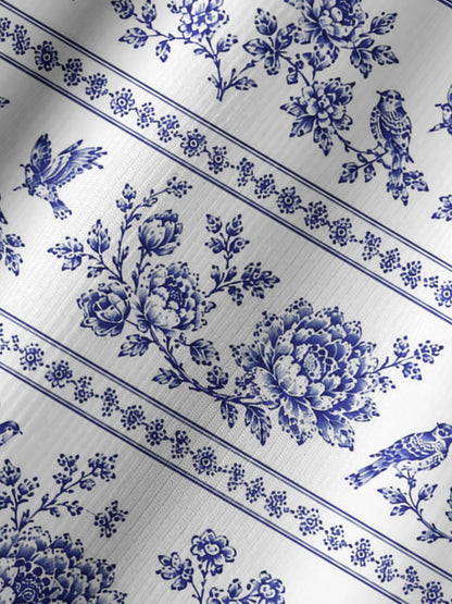 Bluebird Blossom Toile Print Boho Long Sleeve Tie‑Neck Blouse