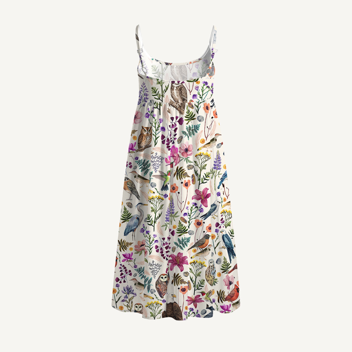 Whimsical Woodland Birds Wildflowers Print Spaghetti Strap Mini Dress