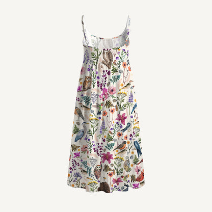 Whimsical Woodland Birds Wildflowers Print Spaghetti Strap Mini Dress