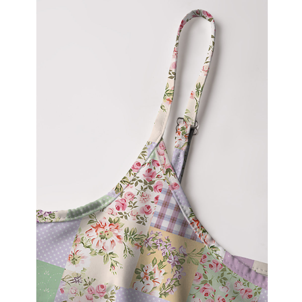 Creamy Garden Patchwork Print Spaghetti Strap Mini Dress