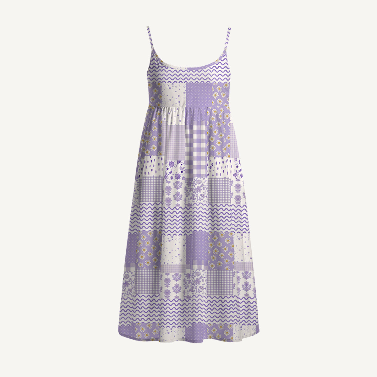 Lavender Field Patchwork Print Spaghetti Strap Mini Dress