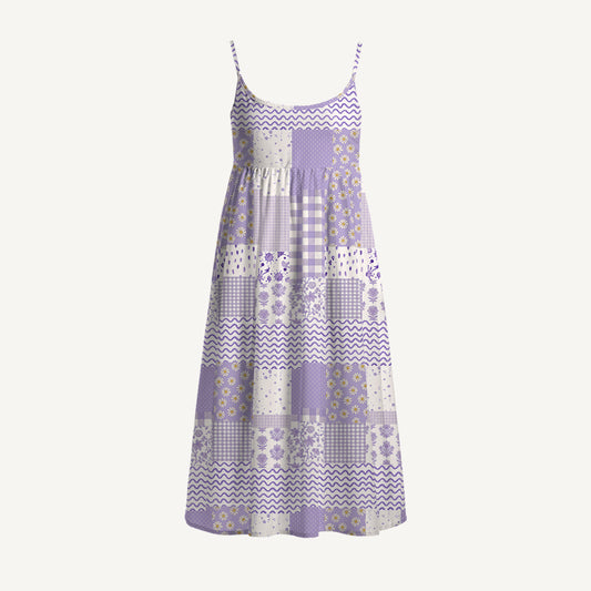 Lavender Field Patchwork Print Spaghetti Strap Mini Dress