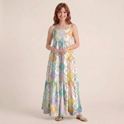 Pastel Floral Lattice Print Wide Straps Maxi Dress With Pockets