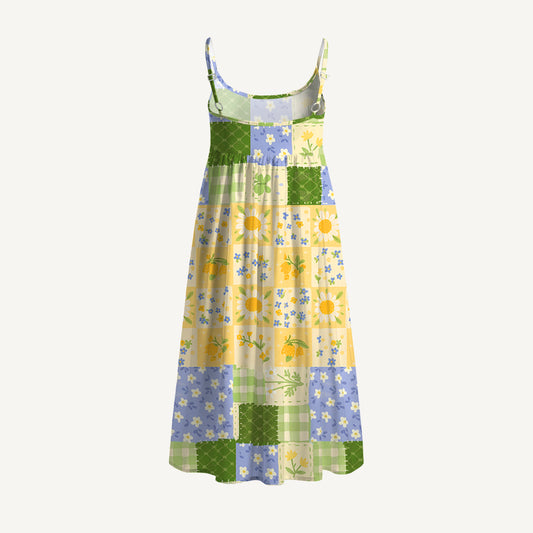Pastoral Gingham Patchwork Print Spaghetti Strap Mini Dress