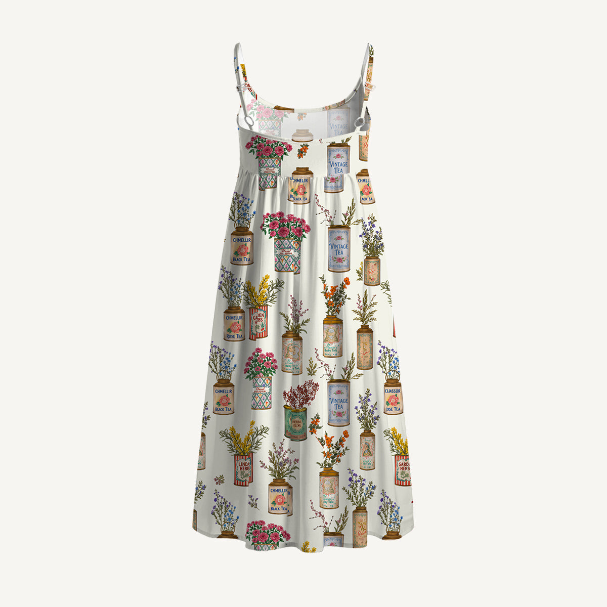 Vintage Tea Cans Print Spaghetti Strap Mini Dress