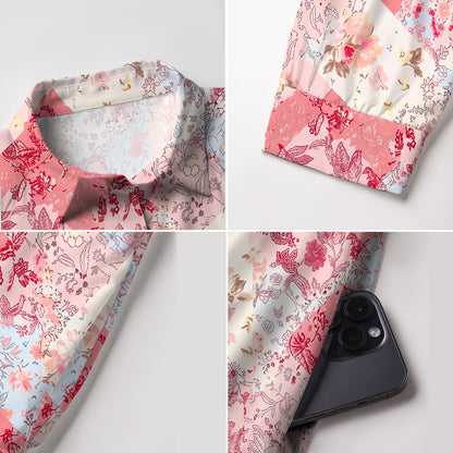 V Neck Collared Shabby Chic Floral Patchwork Mini Dress For Women With Pockets
