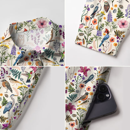 V Neck Collared Whimsical Woodland Birds Wildflowers Print Mini Dress For Women With Pockets