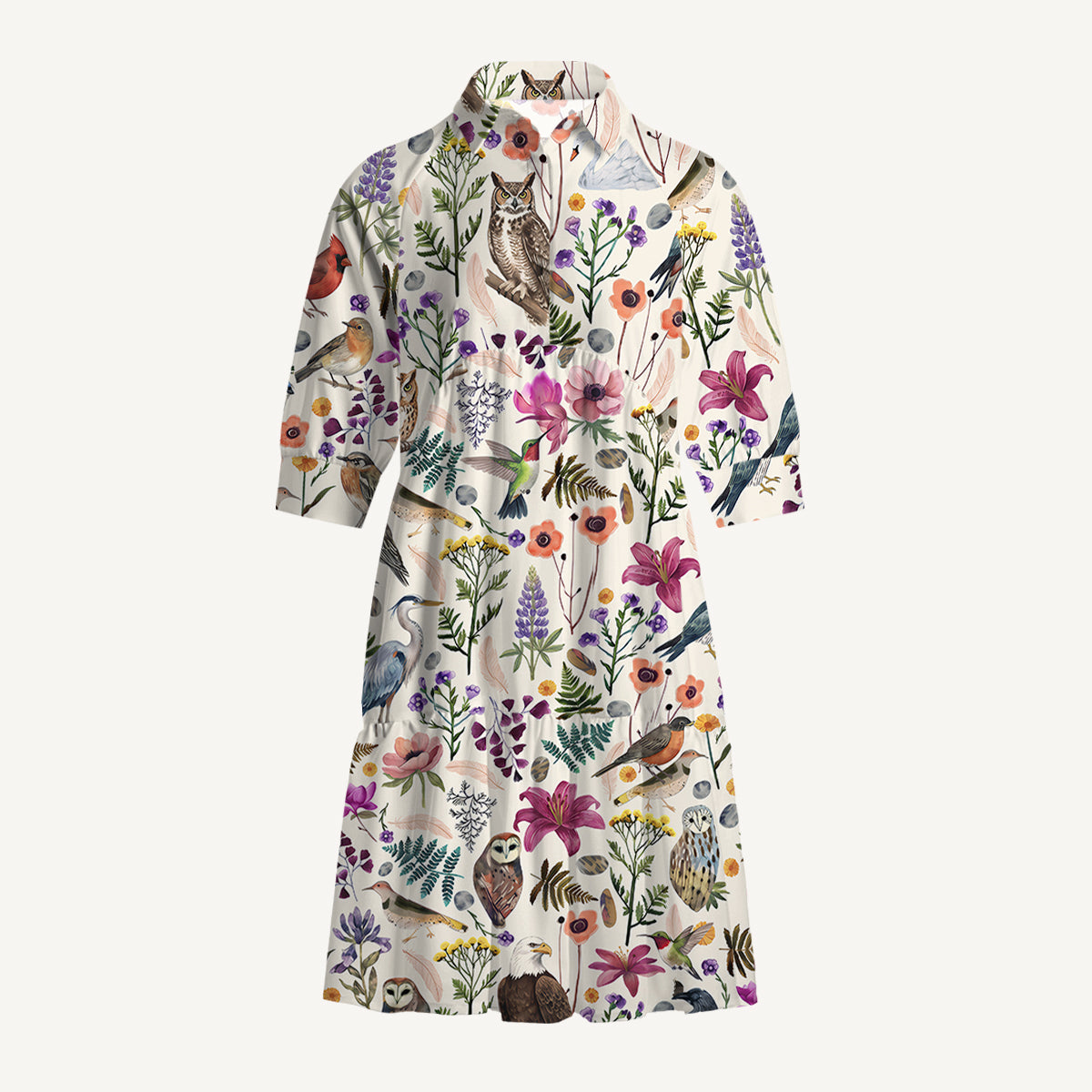 V Neck Collared Whimsical Woodland Birds Wildflowers Print Mini Dress For Women With Pockets