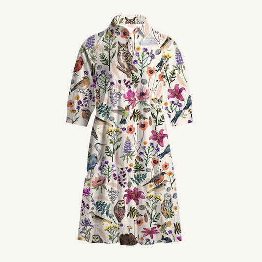 V Neck Collared Whimsical Woodland Birds Wildflowers Print Mini Dress For Women With Pockets