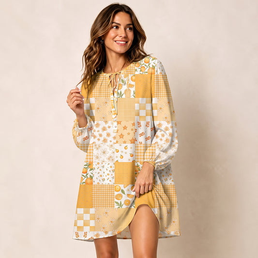 Lemon Sunshine Patchwork Print Boho Tie‑Neck Smock Mini Dress