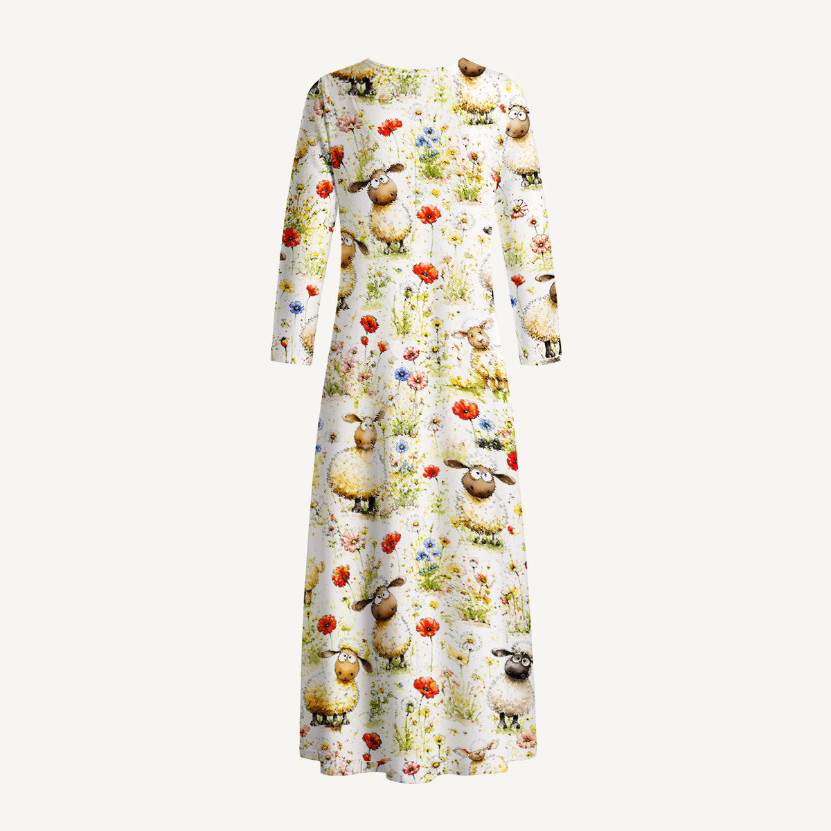 Whimsical Sheep Clipart Print Soft-Touch Stretch Knit Long Sleeve Maxi Dress with Pockets