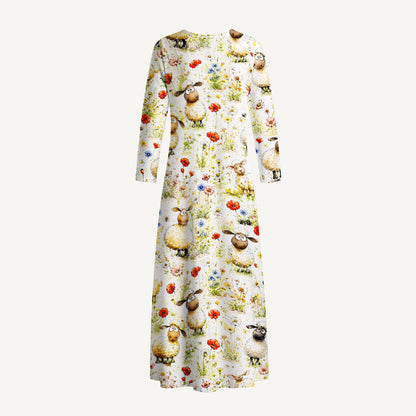 Whimsical Sheep Clipart Print Soft-Touch Stretch Knit Long Sleeve Maxi Dress with Pockets