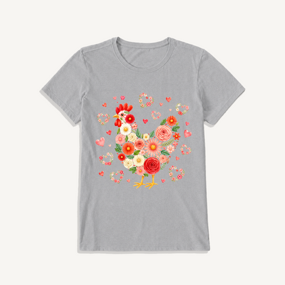 Blooms Floral Chicken Print Crew Neck Cotton Tee