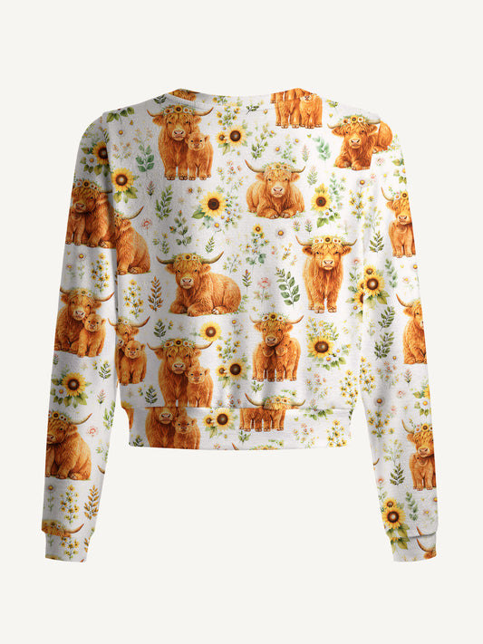 Lightweight Crew Neck Long‑Sleeve Cropped Spring Highland Cow Floral Print Fine‑Knit Cardigan